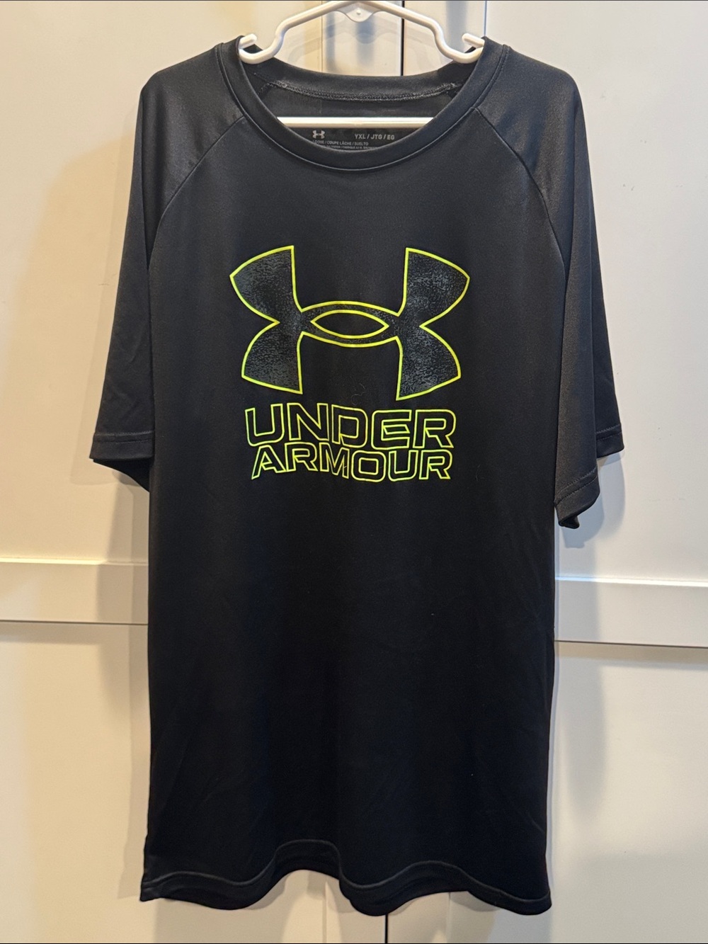 Youth XL Under Armour Black Tee with Neon Yellow Logo Outline